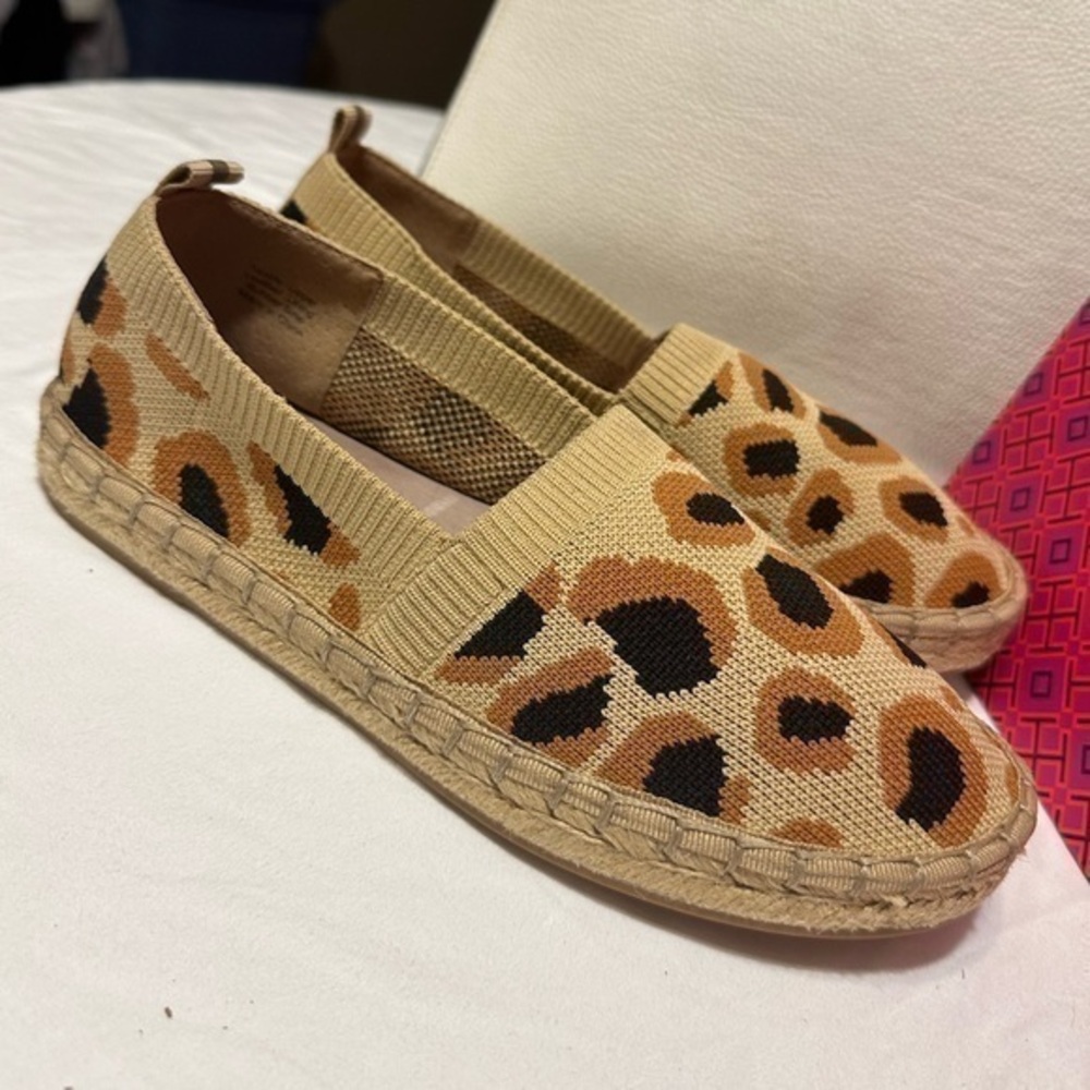 Deltan slip on espadrilles knit shoe women 5.5 leopard print black tan brown EUC